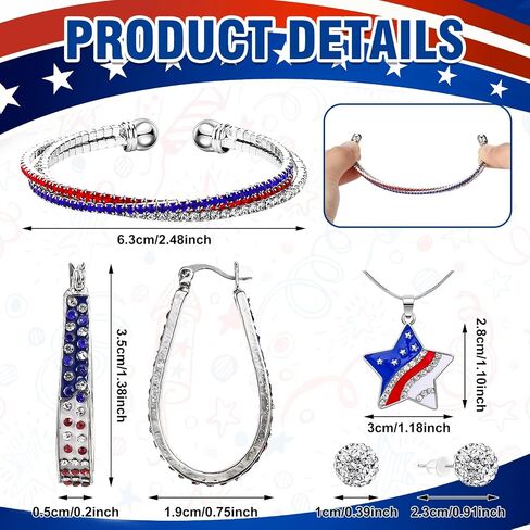 XunYee 4 Pcs 4th of July Jewelry Set for Women Patriotic Earrings Independence Day Bracelet USA American Flag Necklace Gifts in Saudi Arabia