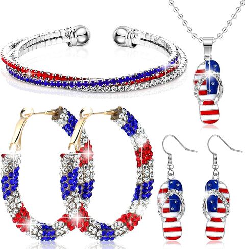 XunYee 4 Pcs 4th of July Jewelry Set for Women Patriotic Earrings Independence Day Bracelet USA American Flag Necklace Gifts in Saudi Arabia