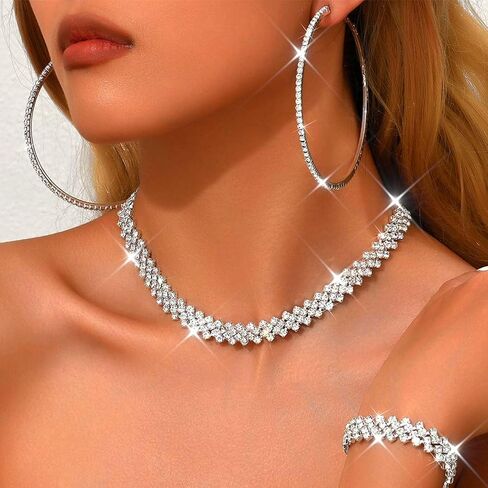 UniCra Black Jewelry مجموعات Rhinestone Netlace Hoop أقراط مجموعة PROM مجموعات مجوهرات الأزياء البراقة للنساء in Saudi Arabia