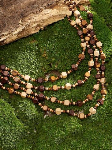MINACHI Vintage Retro Wooden Beaded Multi Layered Long Necklace, Irregular Unique Shape Beads, Monochrome Style Women's Jewelry, Holiday Accessories in Kuwait