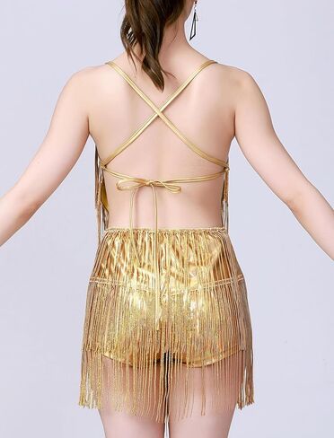 Ibakom Women Fringe Latin Dance Dress Sexy Lace Up Back Sparkly Tassel Bemsuit Teen Metllic Ballroom Dance Romper in Saudi Arabia