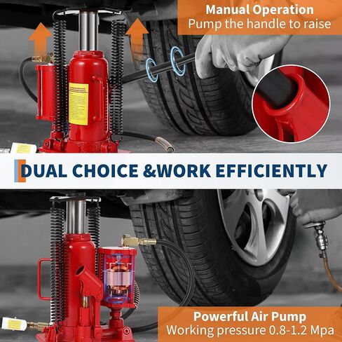 12 Ton Air Hydraulic Bottle Jack - Heavy Duty Dual Power Pneumatic/Manual Car Lift for Trucks & SUVs - Low Profile 9.8"-19.5" Lift Range, All Welded Leakproof Design with Safety Valve in Kuwait
