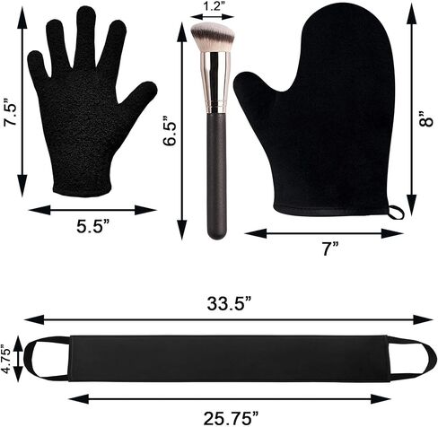 Self Tanning Mitt Applicator Kit, Includes Velvety Self Tanner Mitt, Back Tanning Applicator, Exfoliating Glove, Angled Self Tanner Brush for Sunless Tan Lotion Mousse Gel (Black, 4 Pack) in Saudi Arabia