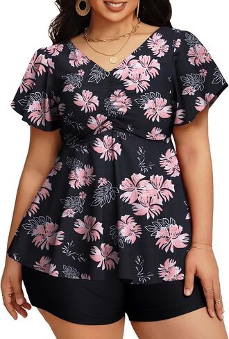 LIENRIDY Women's Plus Size Swimsuits Ruffled Sleeve Tummy Control Swimwear Two Piece Bathing Suits in Saudi Arabia