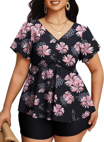 LIENRIDY Women's Plus Size Swimsuits Ruffled Sleeve Tummy Control Swimwear Two Piece Bathing Suits in Saudi Arabia