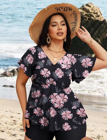 LIENRIDY Women's Plus Size Swimsuits Ruffled Sleeve Tummy Control Swimwear Two Piece Bathing Suits in Saudi Arabia