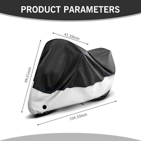 1 PC 190 T Cover ، 104.33 "× 49.21" × 41.33 "غطاء أمطار داخلي وخارجي مع مشبك الرياح ، غطاء غبار جسم الدراجات النارية مع ثقب في القفل ، عالمي لمعظم الدراجات النارية (الأسود والفضي) in Kuwait