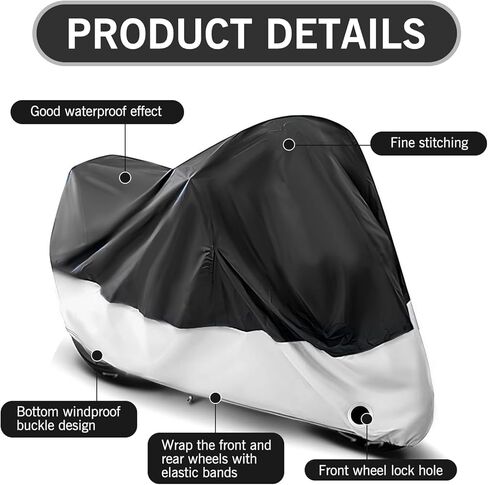 1 PC 190 T Cover ، 104.33 "× 49.21" × 41.33 "غطاء أمطار داخلي وخارجي مع مشبك الرياح ، غطاء غبار جسم الدراجات النارية مع ثقب في القفل ، عالمي لمعظم الدراجات النارية (الأسود والفضي) in Kuwait