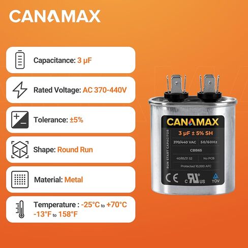Canamax 25+5 فائق التوهج ± 5% MFD 370 أو 440V مكثف تشغيل دائري - بديل لمكيف الهواء 50/60 هرتز لتشغيل محرك التيار المتردد أو تشغيل المروحة ومكيف الهواء البارد أو المضخة الحرارية in Saudi Arabia
