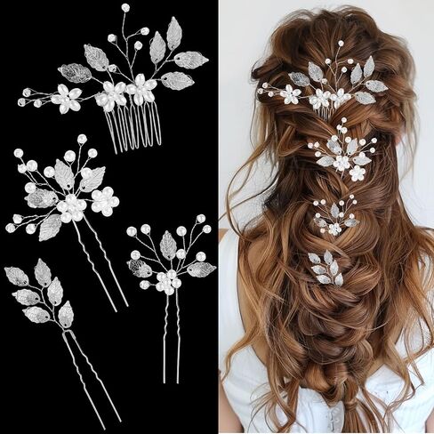 4Pcs Bridal Wedding Hair Pins, Bridal Hair Accessories Set, Gold Leaf Crystal Pearl Hairr Pins Flower Headpiece Wedding Hairr Pieces for Brides(Silver) in Saudi Arabia