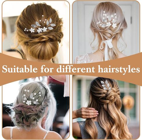 4Pcs Bridal Wedding Hair Pins, Bridal Hair Accessories Set, Gold Leaf Crystal Pearl Hairr Pins Flower Headpiece Wedding Hairr Pieces for Brides(Silver) in Saudi Arabia