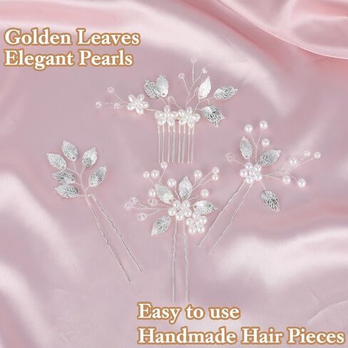 4Pcs Bridal Wedding Hair Pins, Bridal Hair Accessories Set, Gold Leaf Crystal Pearl Hairr Pins Flower Headpiece Wedding Hairr Pieces for Brides(Silver) in Saudi Arabia