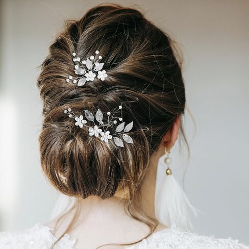 4Pcs Bridal Wedding Hair Pins, Bridal Hair Accessories Set, Gold Leaf Crystal Pearl Hairr Pins Flower Headpiece Wedding Hairr Pieces for Brides(Silver) in Saudi Arabia