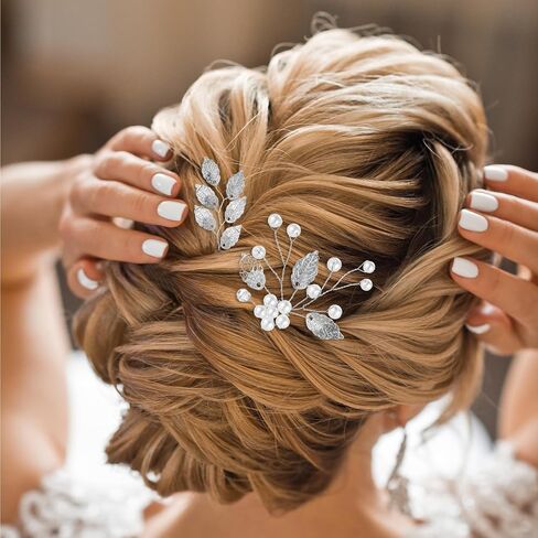 4Pcs Bridal Wedding Hair Pins, Bridal Hair Accessories Set, Gold Leaf Crystal Pearl Hairr Pins Flower Headpiece Wedding Hairr Pieces for Brides(Silver) in Saudi Arabia
