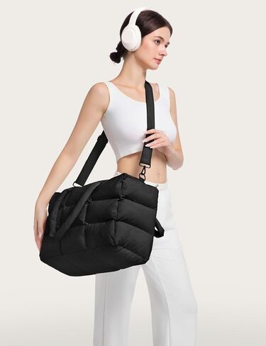 Puffer Tote Bag with Laptop Compartment, Quilted Shoulder Bag for Work Gym, Puffy Travel Carry On Tote with Zipper in Saudi Arabia