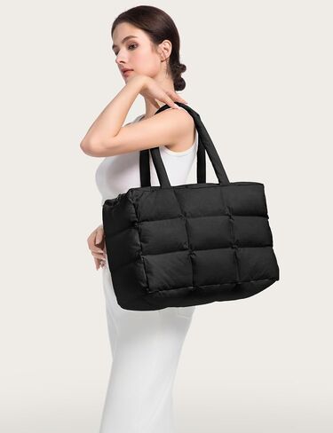 Puffer Tote Bag with Laptop Compartment, Quilted Shoulder Bag for Work Gym, Puffy Travel Carry On Tote with Zipper in Saudi Arabia