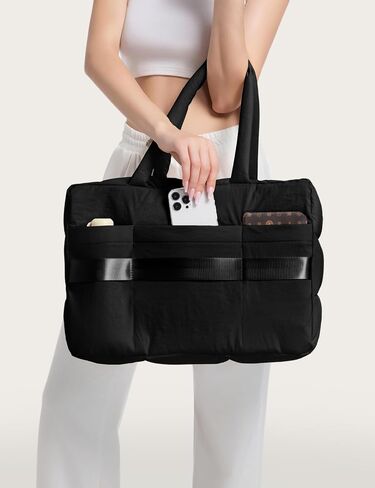 Puffer Tote Bag with Laptop Compartment, Quilted Shoulder Bag for Work Gym, Puffy Travel Carry On Tote with Zipper in Saudi Arabia