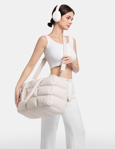 Puffer Tote Bag with Laptop Compartment, Quilted Shoulder Bag for Work Gym, Puffy Travel Carry On Tote with Zipper in Saudi Arabia