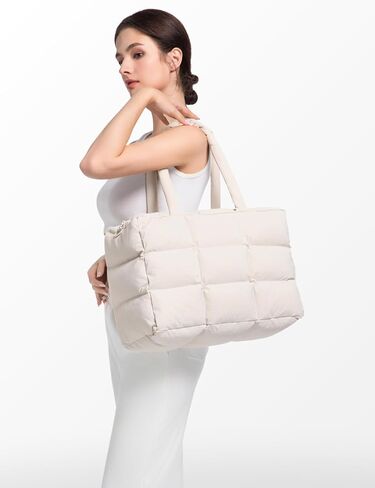Puffer Tote Bag with Laptop Compartment, Quilted Shoulder Bag for Work Gym, Puffy Travel Carry On Tote with Zipper in Saudi Arabia