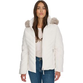 Tommy Hilfiger Women's Faux Fur Trimmed Short Puffer White Small