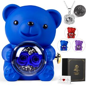 Cute Bear Teddy with Preserved Rose Gift Box, Romantic Rose Flower Bear Teddy Necklace Gift Mom, Eternal Forever Rose Bear Gift Weddings Anniversary for Woman Girlfriend Her, Blue