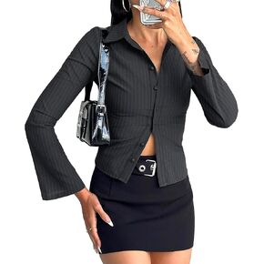 Women Striped Fitted Button Down Shirts Bell Long Sleeve Shirt Office Work Blouse Tops