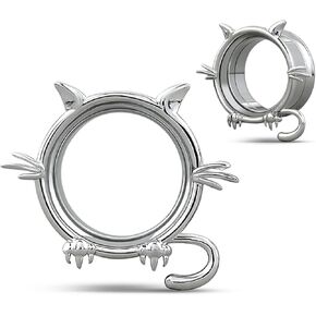 COOEAR Screw Back Ear Tunnel and Plug, Double Flared Gauges for Earrings, 1 Pair Cat Design Piercing Expander Stretchers