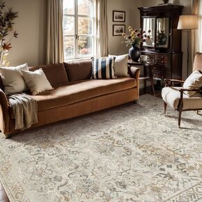 Deerly Sage Green Rugs 8x10 for Living Room Soft Non-Slip, Large Vintage Floral Area Rug Retro Tribal Farmhouse Stain Resistant Carpet for Bedroom Dining Room Office Guest Room