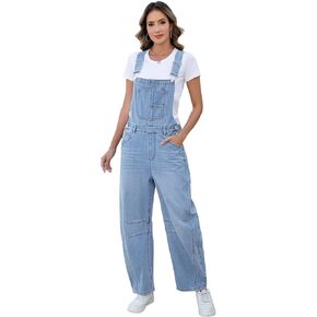 LONGBIIDA Women's Denim Overalls Barrel Wide Leg Loose Fit Bib Jean Romper Adjustable Strap Casual Jumpsuit