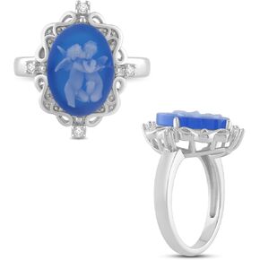 jewellili sterling الفضة البيان حلقة للنساء | Pink أو Blue Agate Cameo وخلق أبيض جولة الياقوت | هدية المجوهرات الفاخرة لها | صندوق الهدايا المدرجة
