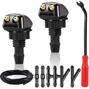 Car Front Windshield Washer Nozzles Kit, Including Double Hole Straight Wiper Spray, I/Y/T Type Connector Adapters & Fluid Hose, Universal Window Water Spray Sprinkler for Most Cars