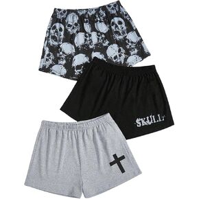 Wdirara Women's Plus Size 3 Pack Set Goth Graphic Print Draysring Shorts Bottoms Pajama