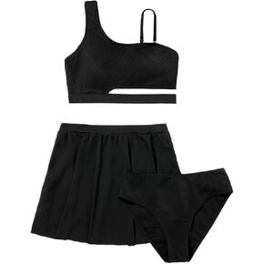 Milumia Girl's 3 Piece Swimsuits Letter Print Asymmetrical Neck Cut Out Bikini Set with Beach Skirt