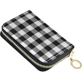 White Black Check Plaid RFID Credit Card Wallet, Microfiber Leather Zipper Card Case Holder for Women