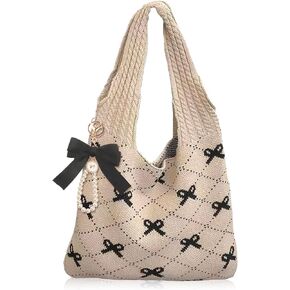 JeVenis Pink Crochet Tote Coquette Bow Aesthetic Hobo Bag for Women Beach Mesh Knitted Shoulder Bag Boho Shoulder Handbag