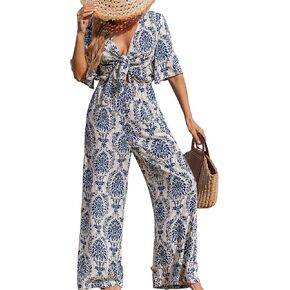 CUPSHE Women's Summer Jumpsuit Short Sleeve V Neck Self Tie Tropical Floral Wide Leg Beach Vacation Romper