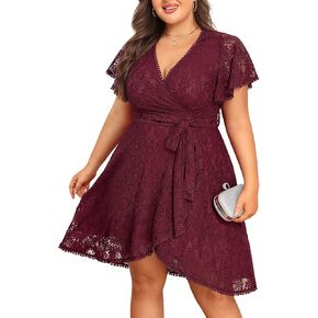 Plus Size Dresses for Wedding Guest - Lace Cocktail Semi Formal Party Wrap Flowy Short Dress