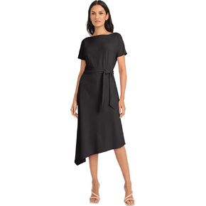 Maggy London Women's Short Sleeve Boat Neck Asymmetrical Belted Midi-Special Occasion-Cocktail Dress