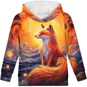 Boys Girls Fire Fox 3D Print Pullover Hoodies Kids Cool Animal Hooded Sweatshirt with Pocket