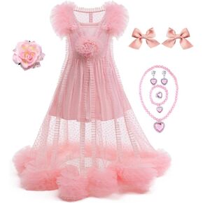 Pink Witch Costume for Girls Pink 2 Piece Pajamas Set Dress, Bouffant Mesh Outfits with Accessories ﻿