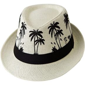 ECYC Ltd Panama Straw Hats Short Brim Fedora Straw Hat Trilby Hat Palm Tree Print Summer Beach Sun Hat Cap for Men Women