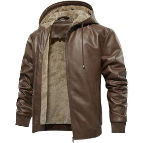 Uusollecy Men's Leather Jacket, Sherpa Lined Zip-Up Motorcycle Jacket, Bomber Jacket With Hood