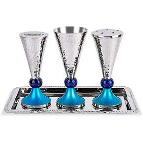 Zion Judaica Elegant Havdulah Set for End of Shabbat Hammered Metal with Blue Accents Sherry Shaped Kiddush Cup Goblet, Besamim Spice Holder, Havdalah Candle Holder & Tray Polished Finish Shabbos Set