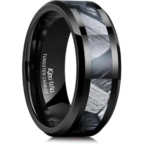 King Will Black Tungsten Wedding Band For Men, 8mm Promise Ring Inlay Red Twill Pattern, High Polished Beveled Edge - Suitable For Daily Wear, Comfort Fit Size 7-12
