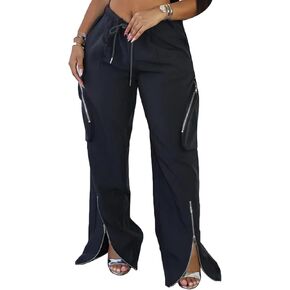 LAJIOJIO Cargo Pants Women Baggy,Casual Wide Leg Streetwear Zipper Split Drawstring Pant with Pockets