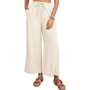 Fiona Jolin Womens Cotton Linen Pants Summer Casual Beach Pants Drawstring Flowy Wide Leg Palazzo Trousers with Pockets