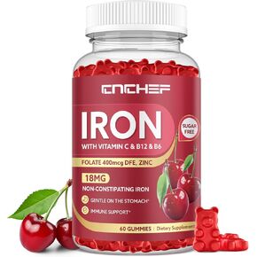 Iron Supplement for Women & Men Gummies, Multivitamin Blood Builder Iron Supplement with Folate Vitamin C B12 B6 Zinc for Adults & Kids - Energy Support - Strawberry Flavor, Vegan 60 Gummies