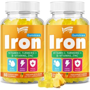 Iron Gummies with Multivitamin for Adults & Kids – Packed with Vitamin B6, B12, C, Zinc, and Folate – for Blood Health & Energy Boost – Pineapple Flavor, Vegan-Friendly, 60 Gummies