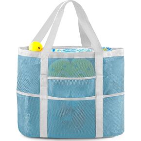 EASYFUN Beach Bag Large Mesh Beach Bag Lightweight Beach Tote with 9 Pockets Foldable Vacation Trip Essentials