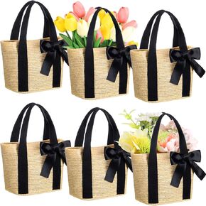 6 Pcs Bridesmaid Straw Woven Tote Bags with Handles Ribbon Bow Beach Gift Handbag for Women Wedding Bachelorette Party